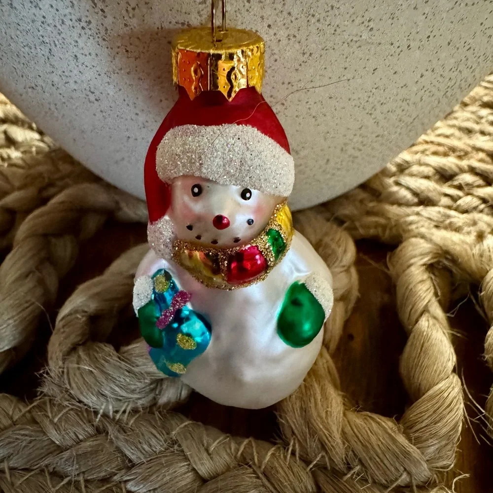 Vintage Blown Glass Snowman Christmas Ornament Glitter Scarf Stocking 3